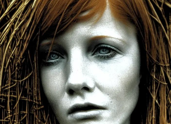 Image similar to award winning face close up portrait of a redhead in a park by hr giger