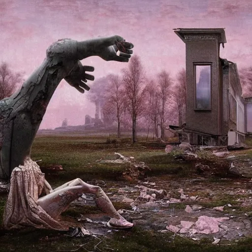 Prompt: whimsical hyperrealistic surrealism, David Friedrich, award winning masterpiece with incredible details, Zhang Kechun, a surreal vaporwave vaporwave vaporwave vaporwave vaporwave painting by Thomas Cole of a gigantic broken mannequin head sculpture in ruins, astronaut lost in liminal space, highly detailed, trending on ArtStation