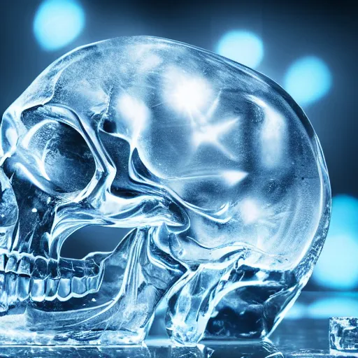 Image similar to a crystal skull inside a block of ice, high detail, 8 k, hd,