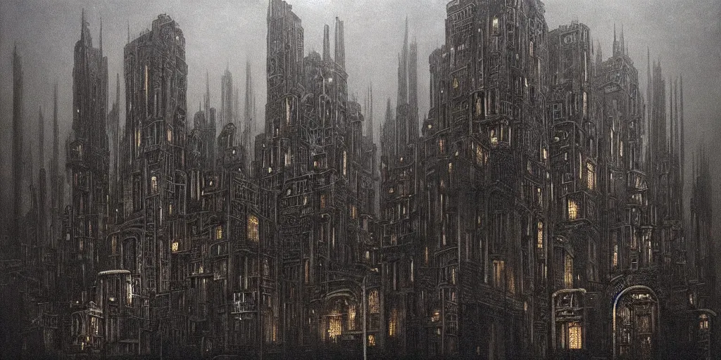 Prompt: a gigantic city at night where buildings are built out of skulls and bones, fleshy structures, light coming from windows, surreal atmospheric painting by hr giger and beksinski