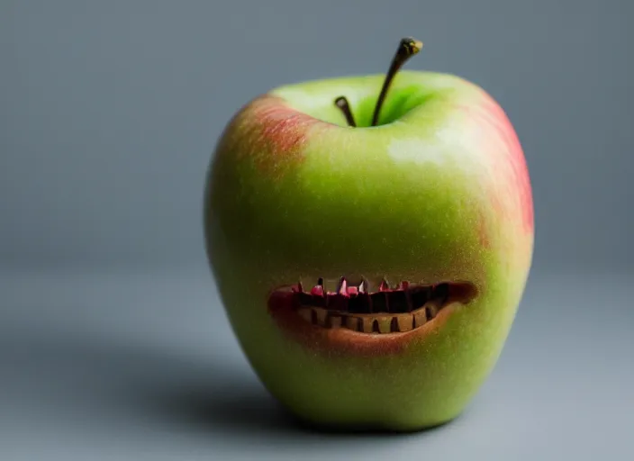 Image similar to photo still of an apple with human teeth, 8 k, studio lighting bright ambient lighting key light, 8 5 mm f 1. 8