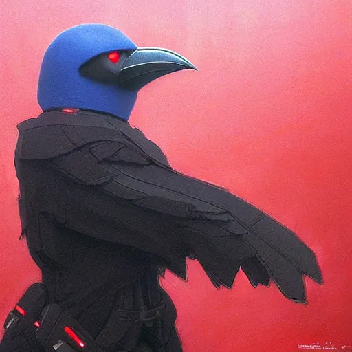 Prompt: kon - dam red gunpla droid kenku, artistically anthropomorphic black bird head. cloaked hood down, science fiction, portrait by donato giancola and greg rutkowski and wayne barlow. top all time r / imaginarycyberpunk.