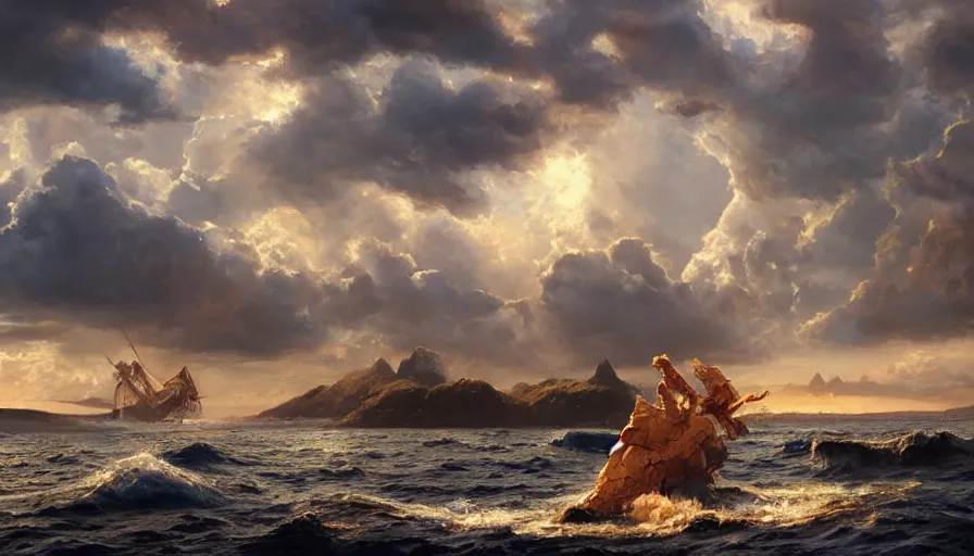 Image similar to excellent painted daemon in a wide epic beautiful landscape somewhere in the ocean with fluffy clouds, painted by Hans Fredrik Gude, Greg Rutkowksi, Craig Mullins and Artgerm, masterpiece, 4k, ultra realistic highly detailed oil painting