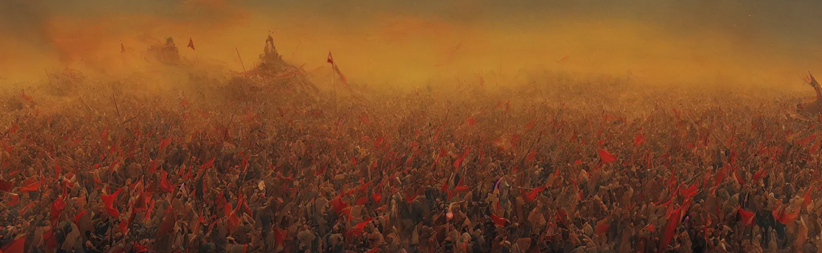 Image similar to imam al hussein in karbala fighting an army alone, red sky, dust, winds, by hasan rouh al - amin