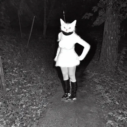 Prompt: cosplay cat girl caught on midnight trail cam, black and white