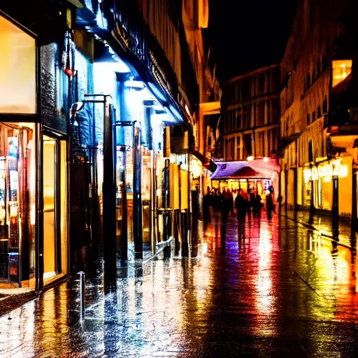 Image similar to photo, night, rain, modern city street, focus to the bar