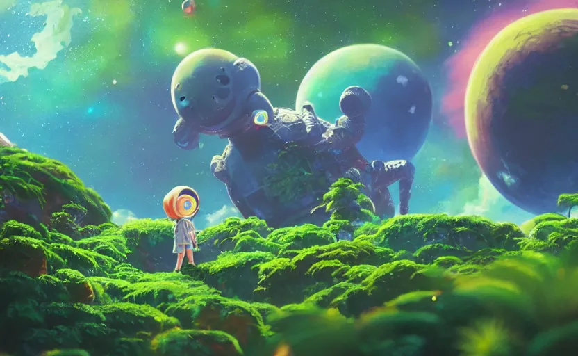 Image similar to a still of a cute adorable tiny astronaut, on a planet of lush colorful foliage, with an enormous kaiju dragon surrounding the full background, magical forest, sharp focus, neon backlit, highly detailed, disney pixar studio ghibli makoto shinkai, digital painting, matte, octane render, global illumination, iridescent, anime, 8 k concept art