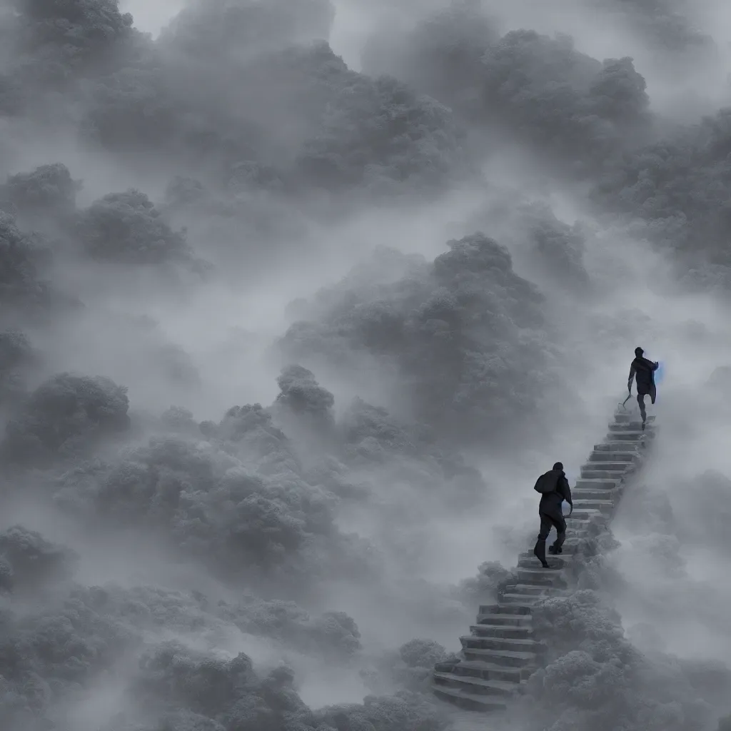 Image similar to a man walking up a set of stairs in the clouds, an ambient occlusion render by wang yuan, cg society contest winner, interactive art, made of mist