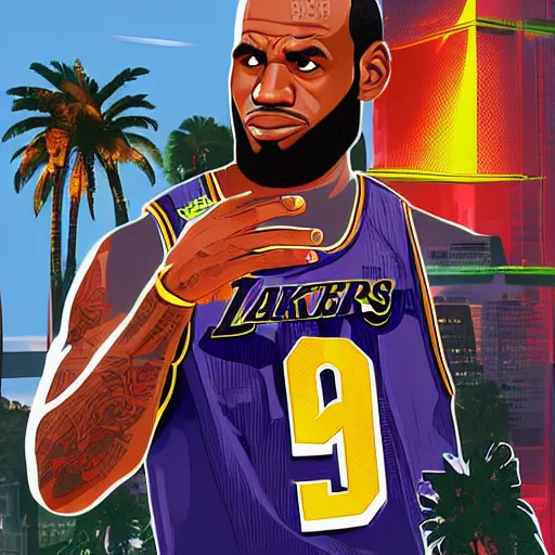 Image similar to lebron james, gta v cover art, art by stephen bliss