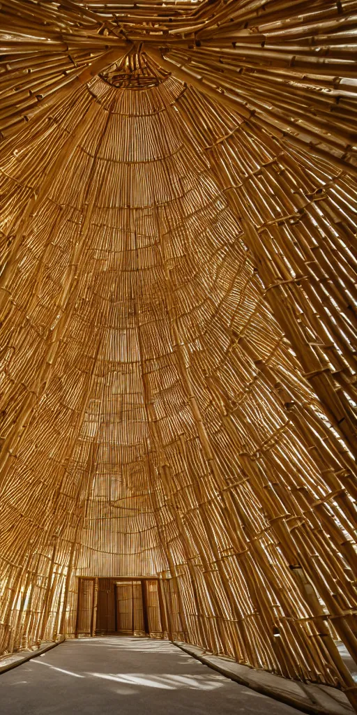 Image similar to inside small pavilion made of bamboo. complex vaulting structure with many thin columns. architectural photography. coronarender, 4 k, 8 k. volumetric lighting.