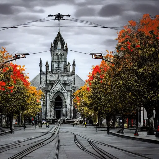 Image similar to haunted holiday in christchurch new zealand tram cashel mall hagley park daffodils high quality 8 k render digital fantasy art beautiful stunning. intricate. ornate. wonderful. utopia.