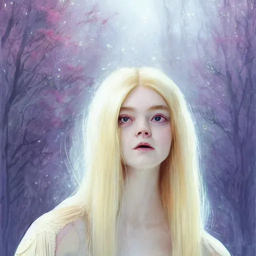 Prompt: a professional painting of Elle Fanning, clothed in ethereal armor, porcelain white skin, long blonde hair, beautiful bone structure, symmetrical facial features, intricate, elegant, digital painting, concept art, smooth, sharp focus, illustration, from Valerian and the City of a Thousand Planets, by Ruan Jia and Mandy Jurgens and Artgerm and William-Adolphe Bouguerea