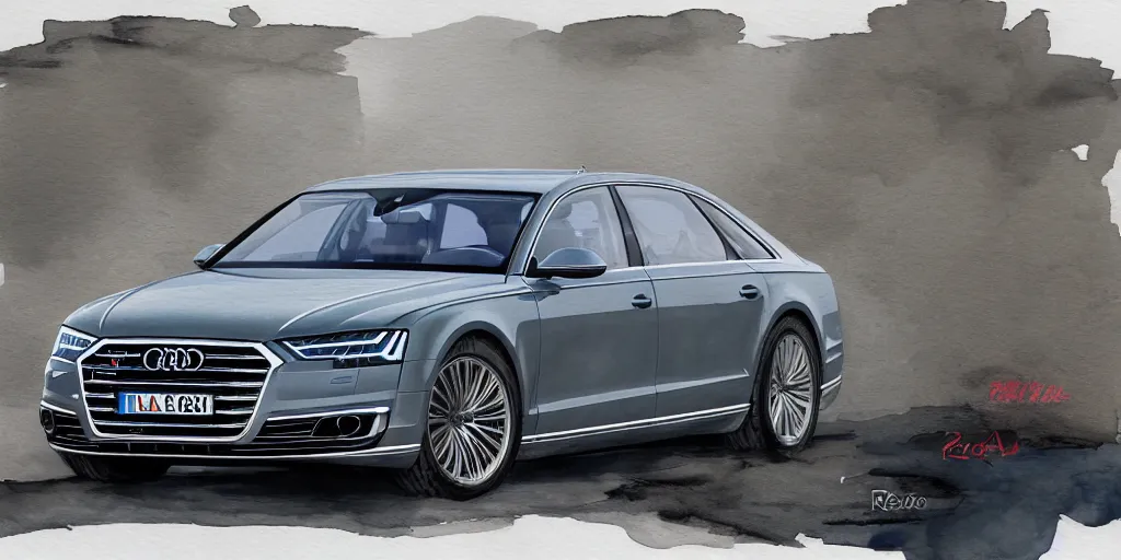 Image similar to audi a 8 water color painting, rtx, raytracing, 8 k, highly detailed, soft colors,