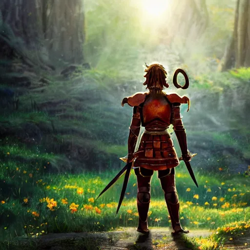 Prompt: a ultra detail picture portrait of A warrior in shimmering armor, the sun at their back, strides forward with sword held high. They are the embodiment of courage and strength, and they are ready to fight for what is right. vivid tones, wide angle, by miyazaki, nausicaa ghibli, 8k, photorealistic,