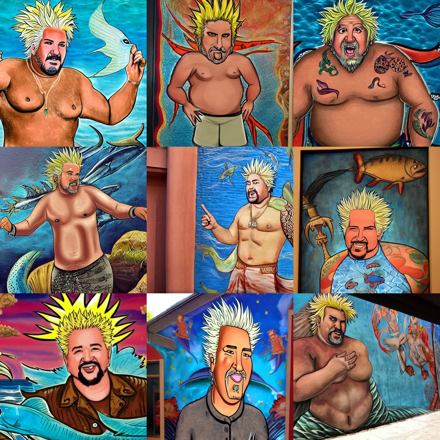 Prompt: Guy Fieri as a Merman, ancient mural, museum