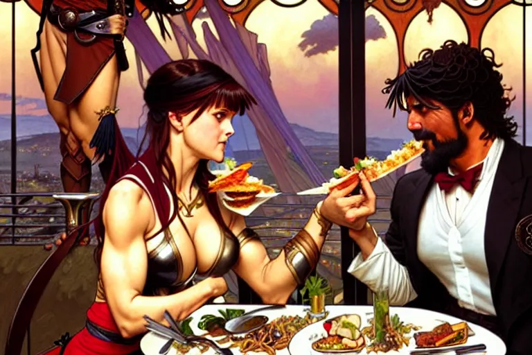 Image similar to xena warrior princess eating at a restaurant, with a hispanic man in a suit as her companion, art by artgerm and greg rutkowski and alphonse mucha