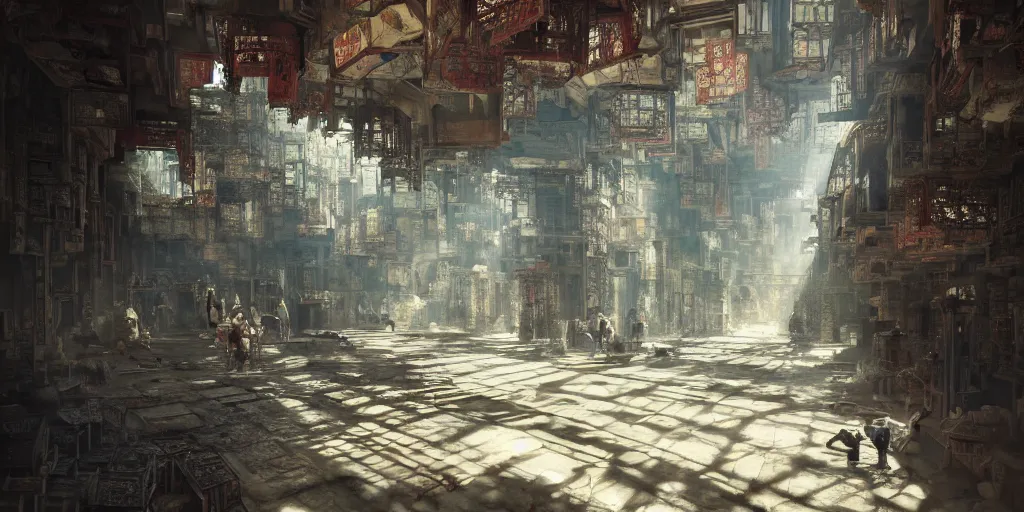 Image similar to inside of kowloon walled city, flat interior, concept art, light, shadows, reflections, epic composition, intricate, elegant, volumetric lighting, digital painting, highly detailed, artstation, sharp focus, illustration, octane render, concept art, ruan jia, steve mccurry