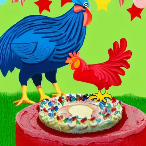 Image similar to a realistic photo of a hatchling chick and a big rooster all alone next to a birthday cake