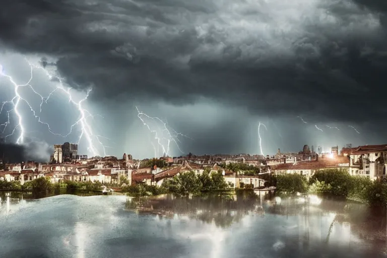 Prompt: thunderstorm approaching a city, clouds, photography, hd, realistic, by karcz, michal, by lacoste, raphael