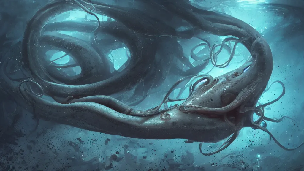 Prompt: a photorealistic hyperrealistic underwater render of a giant squid wraps it ’ s tentacles around a deep sea submersible with bright headlights by greg rutkowski, james paick, wlop, nicolas bouvier sparth, stephan martiniere, dramatic moody lighting, underwater caustics, volumetric, light rays, cinematic atmosphere, octane render, artstation, 8 k