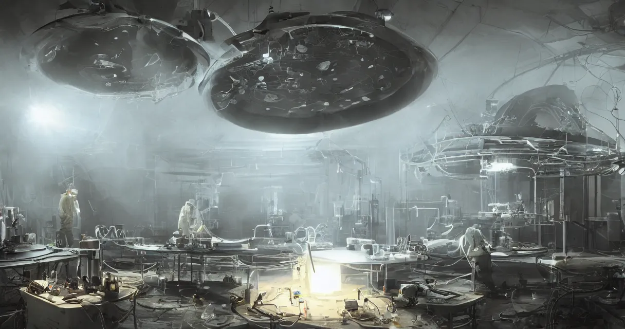 Image similar to engineer repairs secret broken flying saucer with not working fuse reactor, full of modern military scientific equipment, optical fibres, in the state laboratory full of different tools and electronic machines, high details, volume raytracing fog, back light, reflective ground, by james paick, by ilm, by digital domain, by weta digital