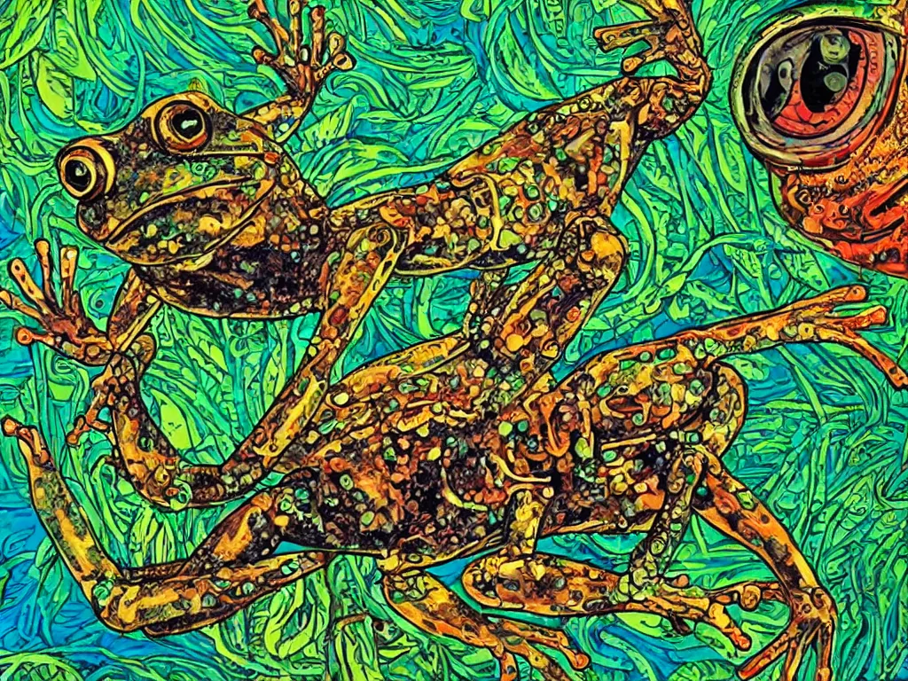 Prompt: a cyborg frog leaps out of an ayahuasca painting