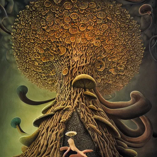 Image similar to mushroom man, fungus, freak show, surrealism, fractalism, strange, hyperdetailed, photorealistic, interesting, benoit b. mandelbrot, m. c. escher, patrick woodroffe, ernst fuchs, zdzisław beksinski, id magazine, octane, cinematic, hyperrealism, 8 k, depth of field, bokeh