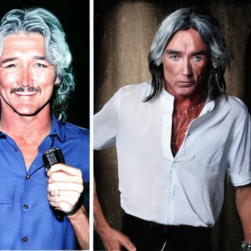 Prompt: patrick duffy mixed with iggy pop, he has very long straight grey hair, wearing a white shirt