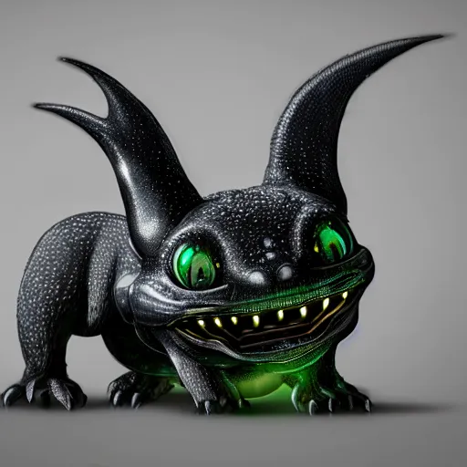 Image similar to realistic miniature of bioluminescent toothless, studio shot, 1 0 0 mm, hyper realism, intricate, digital art, detailed, high definition, smooth, sharp focus