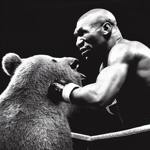 Image similar to “Mike Tyson fighting a bear in a boxing ring, 4k photograph, award winning”