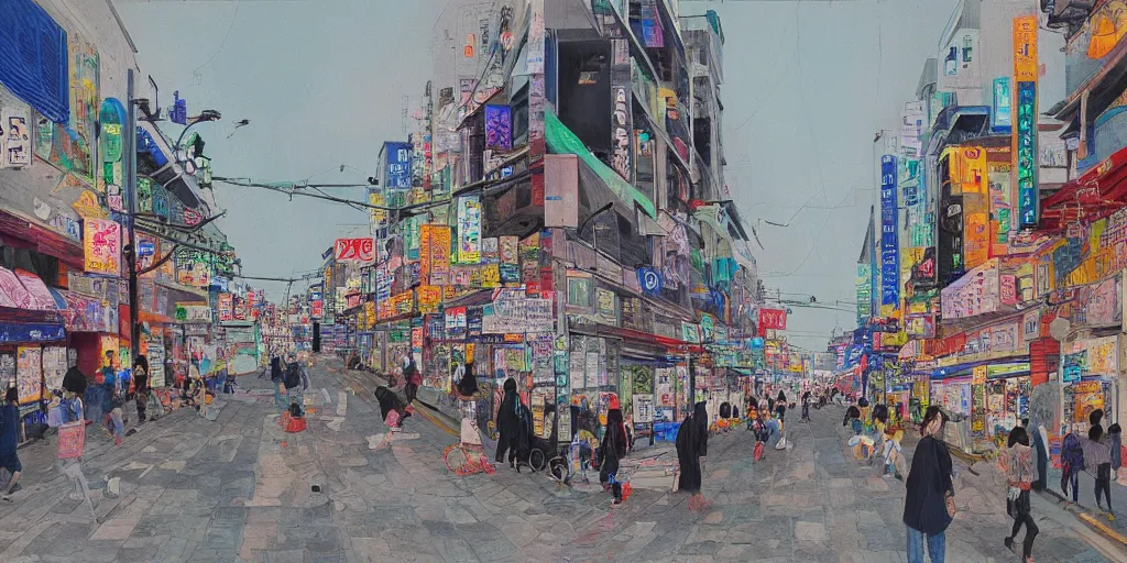 Image similar to streets of hongdae, hangeul, photorealism, spring, wide shot, by Lim Eung-Sik