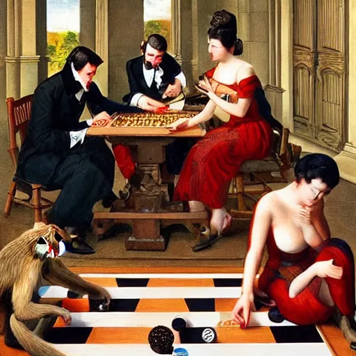 Image similar to A beautiful photograph of a group of monkeys playing backgammon. The monkeys are seated around a table, with some of them appearing to be deep in concentration while others appear to be playing more casually. Pride Prejudice, overhead view by Paul Gustave Fischer graceful