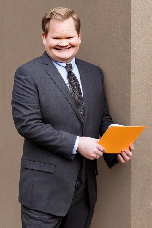 Prompt: full body shot, andy richter wearing a brown suit and necktie and black work boots, ultra hd photo, 3 5 mm close up, fish eye, realistic, smiling, holding a postcard from chicago,