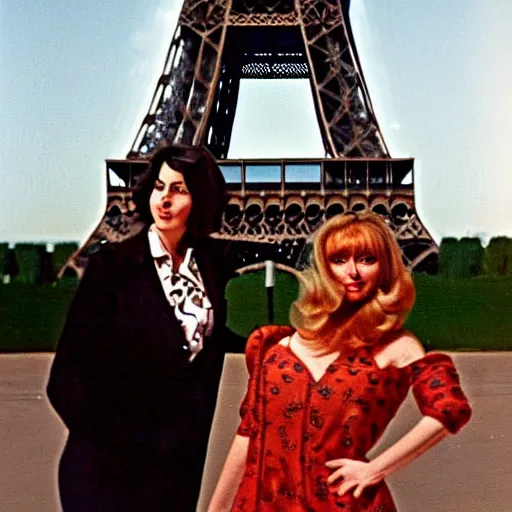 Prompt: 1976 film still glamorous woman photo and her friend, a puppet that looks like Caspar the Friendly Ghost, in front of the eiffel tower, 16mm film live soft color, earth tones and some primary colors 1976, archival footage, in style of doris wishman russ meyer, woman looks like sharon tate