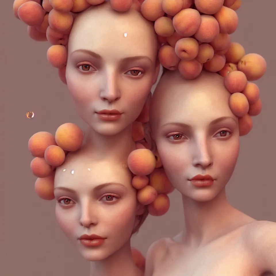 Prompt: A portrait of elegant Queen of peach fruits fairies, skin made of pale human skin. Soft details. Close-up. Octane Render. art nouveau. Trending on artstation. Bokeh.