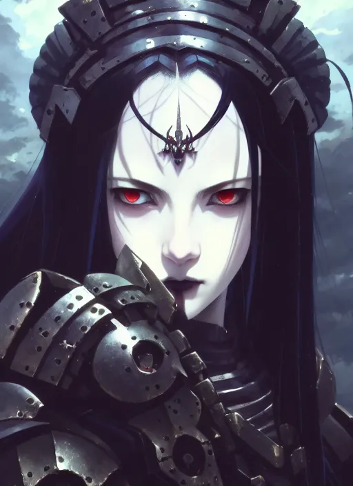 Prompt: a film still portrait of goth maiden girl, warhammer 4 0 k, finely detailed features, perfect art, trending on pixiv fanbox, painted by greg rutkowski makoto shinkai takashi takeuchi studio ghibli, akihiko yoshida,