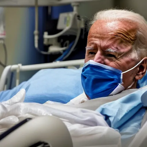Prompt: Joe Biden sitting in a hospital bed with tubes and wires attached to him