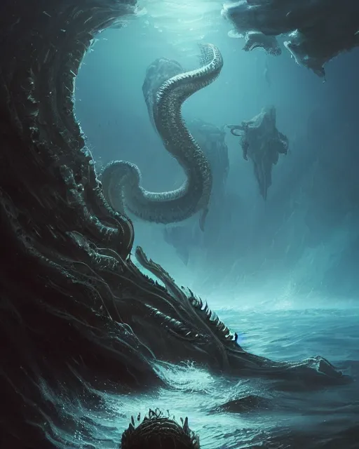 Image similar to An invisible Kraken, blue sea, fantasy art, monster art, in the style of greg rutkowski, illustration, epic, fantasy, intricate, hyper detailed, artstation, concept art, smooth, sharp focus, ray tracing