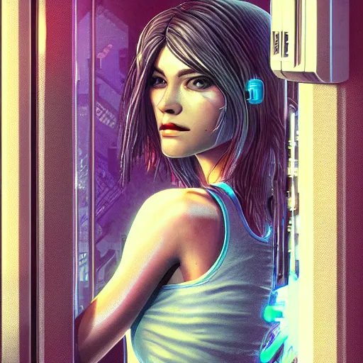 Image similar to portrait of cyberpunk woman looking out of a window, cyberpunk setting, futuristic, highly detailed, intricate lighting, digital painting, sharp focus, illustration, trending on artstation, art by pixar animation.