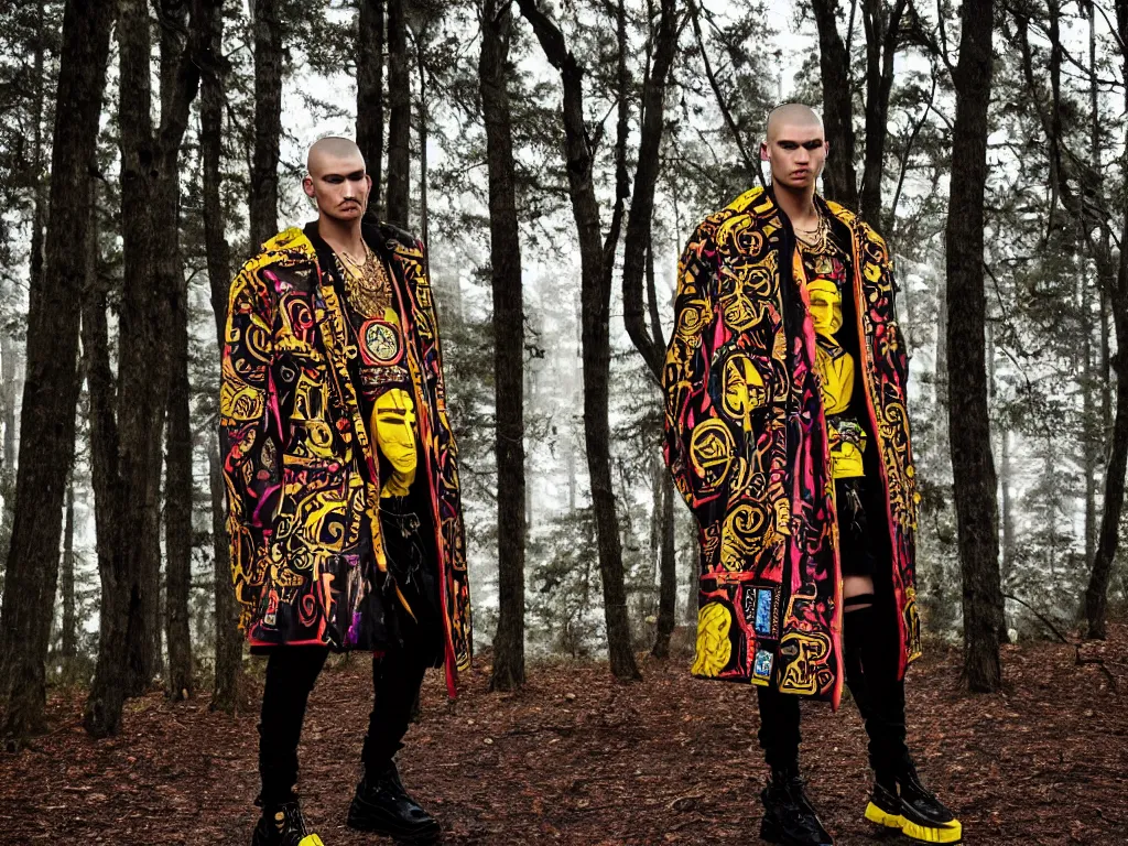 Image similar to versace avant garde oversized jacket arctic fur gold necklace textiles streetwear cyberpunk indigenous commanche descendant shaved head in the woods overcast late evening dramatic professional color 8 k hdr