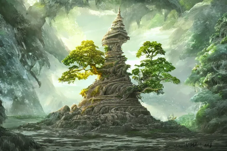 Prompt: A magical tree viewed from the outside, texture, intricate, details, highly detailed, masterpiece, architecture, building, trending on artstation, focus, sharp focus, concept art, digital painting, fantasy, sunny, day, midday, in the style of Avatar the Last Airbender