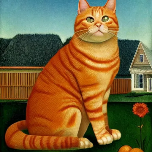 Prompt: fat orange tabby cat in american gothic by grant wood