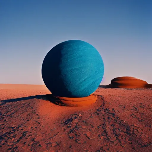 Image similar to an orb-like clay structure sitting in the desert, vintage photo, cinematography, blue sky