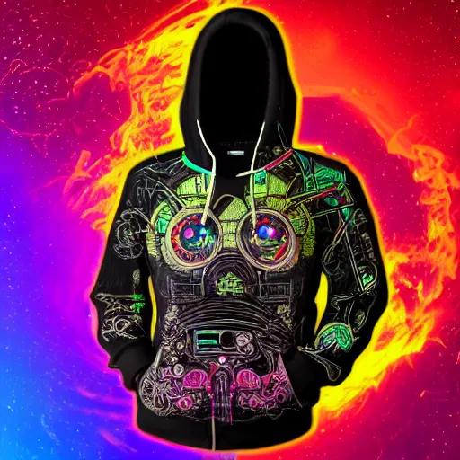 Prompt: mockup of a black hoodie with a hyperdetailed portrait of a steampunk robot on lsd, 8 k, symetrical, flourescent colors, trippy mood, multicolored,