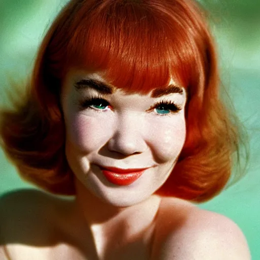 Image similar to a very beautiful Playboy Magazine illustration of cute young Shirley Maclaine in 1959, full body, short red hair, bangs haircut, green watery eyes, cute round freckled face, short smile, pale pink bikini, serene beach setting, cinematic lightning, medium shot, mid-shot, highly detailed, trending on artstation, Unreal Engine 4k, cinematic wallpaper by Rudolph Belarski, Gil Elvgren, Robert Maguire, Mort Kunstler, Andrei Riabovitchev, Marc Simonetti, and Sakimichan
