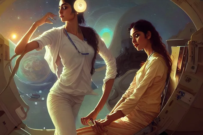 Image similar to Sensuous good looking pale young Indian doctors wearing jeans in a space station above Earth, portrait, elegant, intricate, digital painting, artstation, concept art, smooth, sharp focus, illustration, art by artgerm and greg rutkowski and alphonse mucha