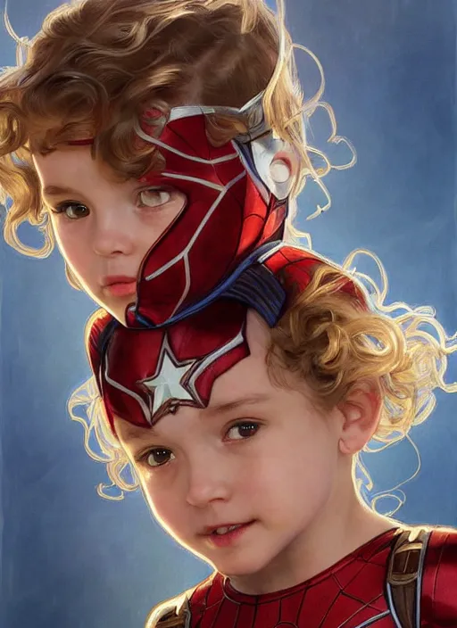 Prompt: a little girl with a mischievous face and light brown curly wavy hair. she is dressed as captain america, spiderman, batman, the flash, captain marvel, wonder woman, a superhero. clean elegant painting, beautiful detailed face. by artgerm and greg rutkowski and alphonse mucha