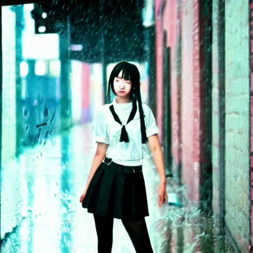 Image similar to 1990s perfect 8K HD professional cinematic photo of close-up japanese schoolgirl posing in sci-fi dystopian alleyway at morning during rain, at instagram, Behance, Adobe Lightroom, with instagram filters, depth of field, taken with polaroid kodak portra