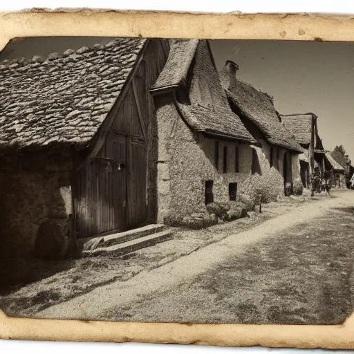 Prompt: Medieval village, tintype photo, 1100 AD, Medieval photograph, French village