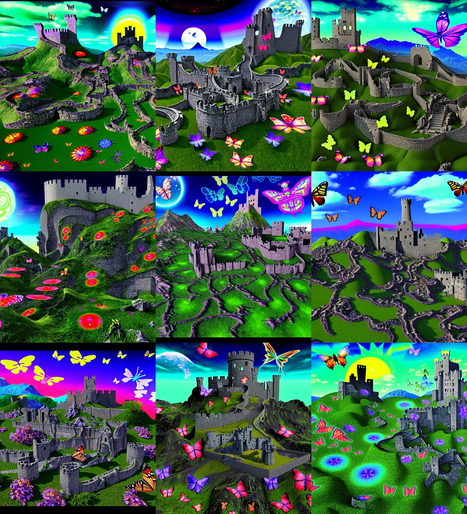 Prompt: 3 d render of cybernetic mountain landscape with castle ruins with dragon against a psychedelic surreal background with 3 d butterflies and 3 d flowers n the style of 1 9 9 0's cg graphics, lsd dream emulator psx, 3 d rendered y 2 k aesthetic by ichiro tanida, 3 do magazine, wide shot